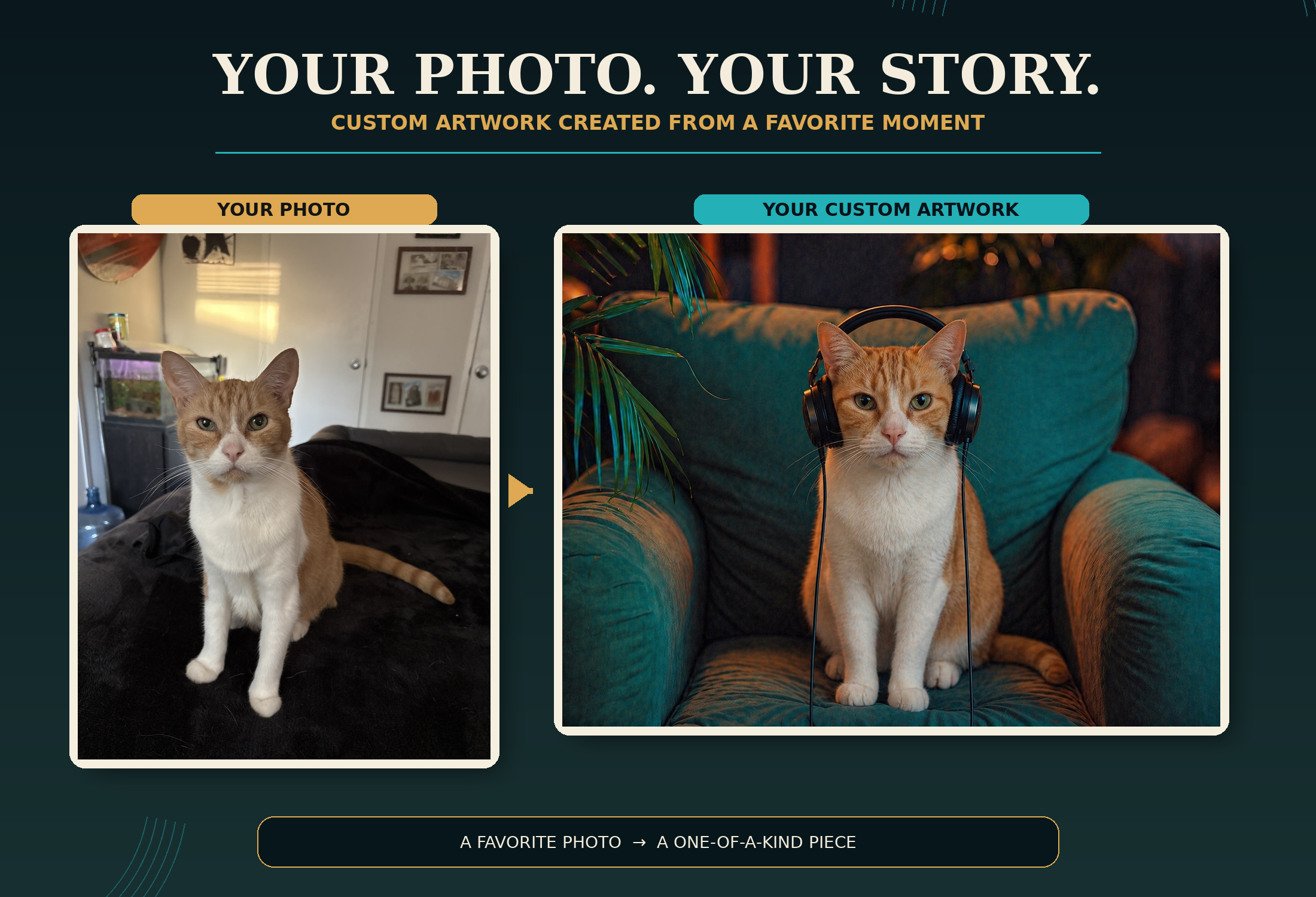 Customer cat photo transformed into a custom portrait of the cat wearing headphones